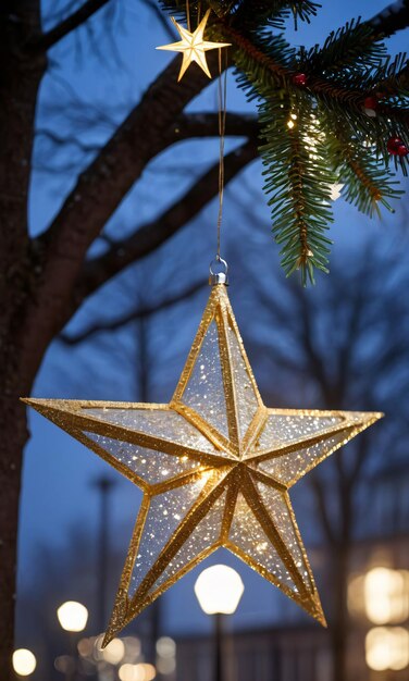 Una decoración de estrella de Navidad colgando de un árbol brillando bajo las luces de la calle