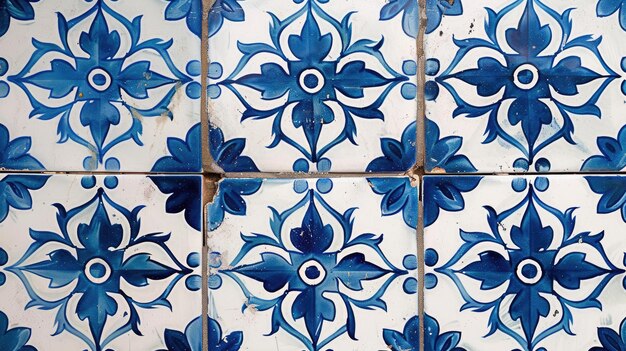 Foto decoración exterior vintage de azulejos de cerámica de estilo portugués generativo ai azul y blanco