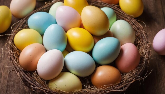 Decoración feliz del día de Pascua huevos coloridos en el nido sobre fondo de papel