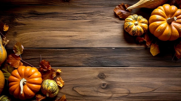 Decoración festiva de acción de gracias de calabazas, bayas y hojas sobre un fondo de madera con espacio para copiar