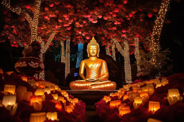 Decoración festiva alrededor de buda por la noche IA generativa