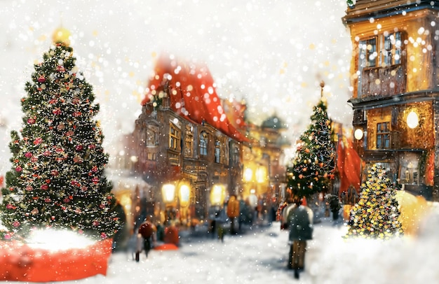 decoración festiva del árbol de Navidad de la ciudad de invierno, la gente camina en la calle nevada en el casco antiguo medieval