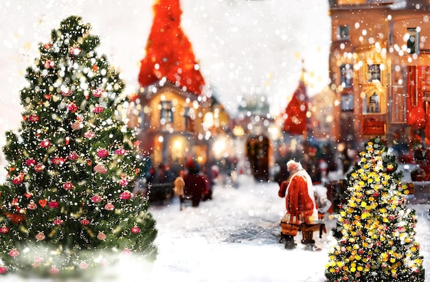 decoración festiva del árbol de Navidad de la ciudad de invierno, la gente camina en la calle nevada en el casco antiguo medieval