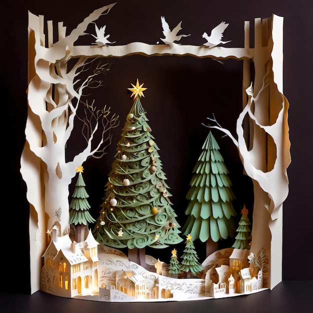 Decoración festiva del árbol de Navidad Ilustración al estilo de recorte de papel