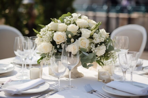 decoración festiva de la mesa de bodas con flores y velas