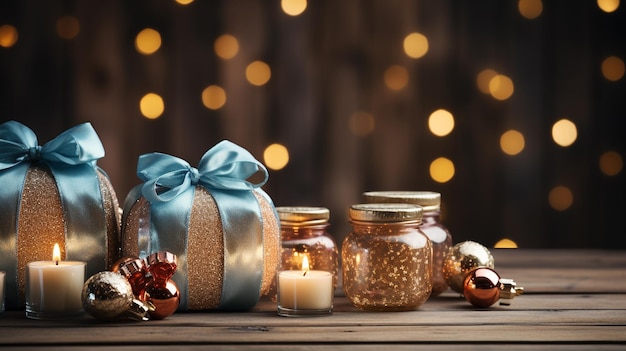 Decoración festiva de Navidad naturaleza muerta sobre fondo de madera