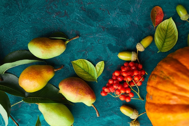 Decoración festiva de otoño con calabazas, peras, hojas, bellotas y bayas.