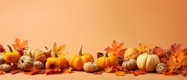 Decoración festiva de otoño y Feliz Día de Acción de Gracias a partir de calabazas, bayas y hojas Ai Generated