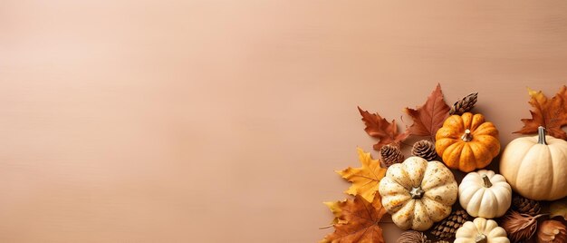 Decoración festiva de otoño y Feliz Día de Acción de Gracias a partir de calabazas, bayas y hojas Ai Generated