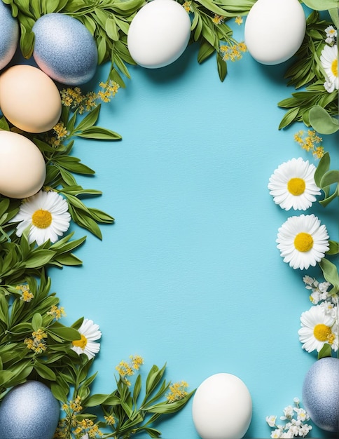 decoración festiva de pascua en la vista superior de fondo azul