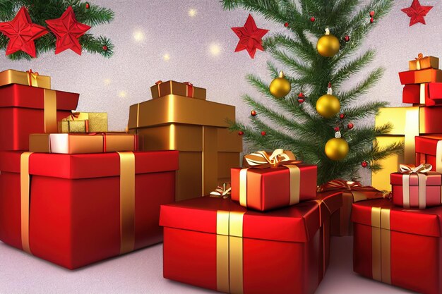 Decoración del festival de navidad con cajas de regalo pila espectacular árbol de navidad
