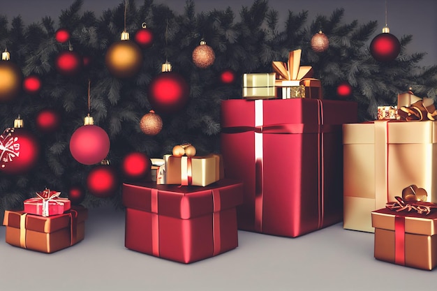 Decoración del festival de navidad con cajas de regalo pila espectacular árbol de navidad