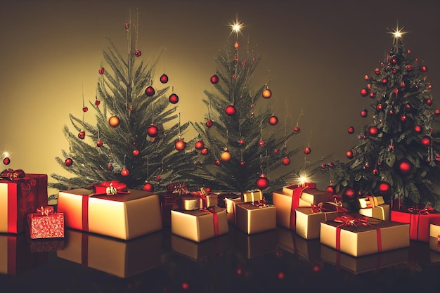 Decoración del festival navideño con cajas de regalo, cinta y espectacular árbol de Navidad para regalar a familiares y amigos el día de Navidad o el año nuevo 2023 con alegría y alegría ilustración 3D