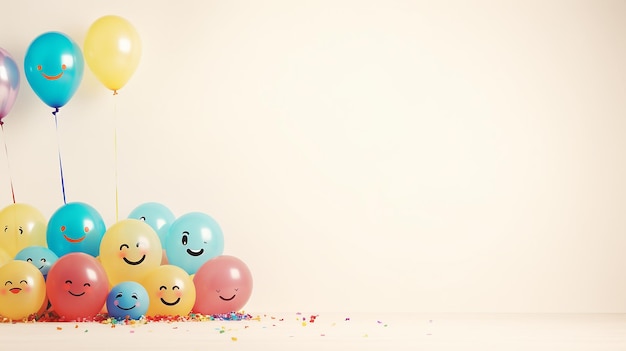 Foto decoración de la fiesta de cumpleaños y globos coloridos con emoticones felices dibujados en fondo beige con espacio