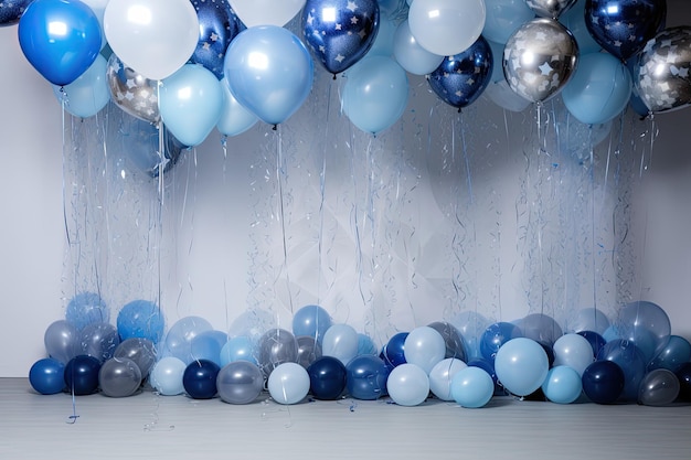 Decoración de fiesta de cumpleaños infantil para niños con zona de fotos de globos espaciales estrellados azules y plateados Fiesta infantil