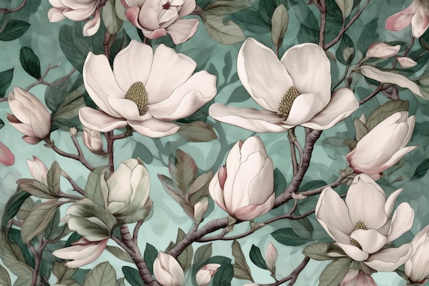 Decoración flor fondo patrón hoja floral acuarela verano papel pintado magnolia inconsútil IA generativa