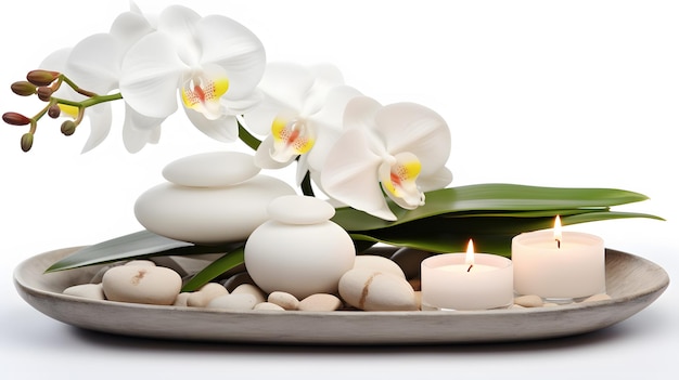 Decoración floral para el hogar con vela de orquídea blanca y piedra