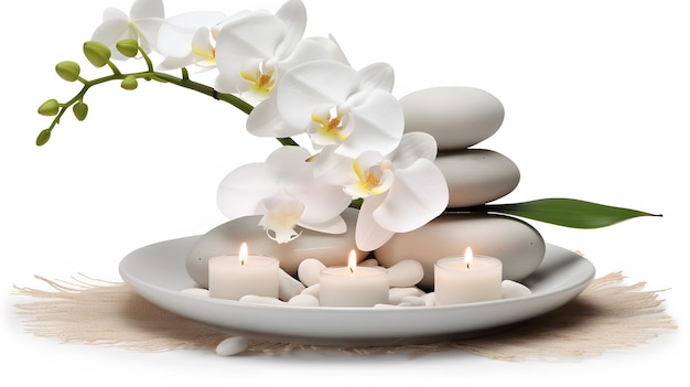 Decoración floral para el hogar con vela de orquídea blanca y piedra