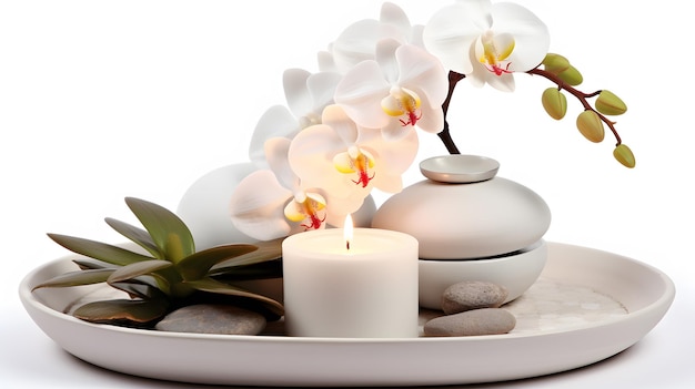 Decoración floral para el hogar con vela de orquídea blanca y