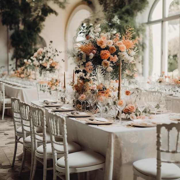 Decoración floral en una mesa y sillas de boda