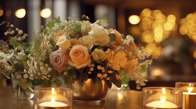 Decoración de flores de boda en el restaurante IA generativa