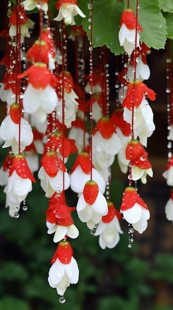 Una decoración de flores colgantes con gotas de lluvia en los pétalos.