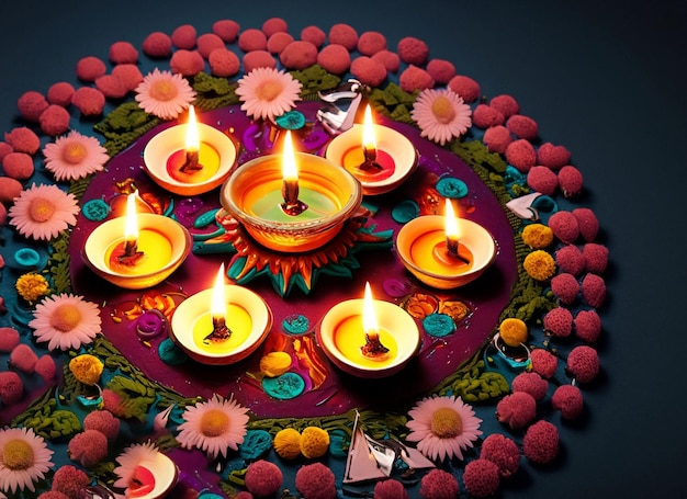 Decoración de flores y lámparas de aceite para el festival Diwali India