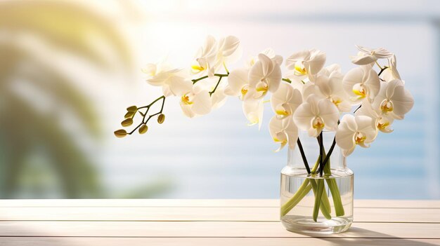 Decoración de flores de orquídea blanca en un jarrón de vidrio