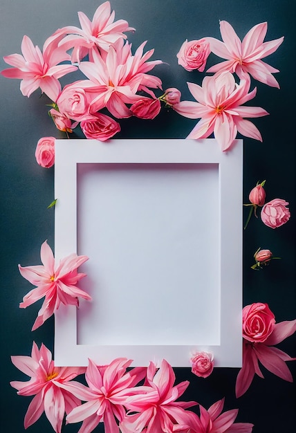 Decoración de flores rosas en el marco.