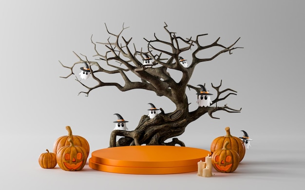 Foto decoración de fondo con calabaza árbol muerto fantasma para la presentación del producto