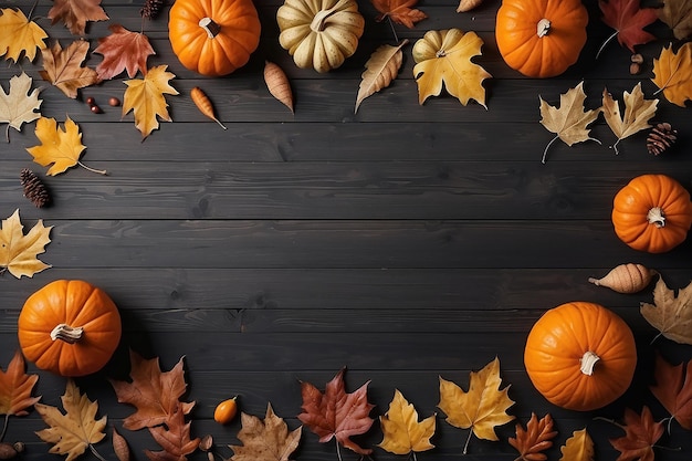 Decoración de fondo de otoño de hojas secas y calabaza sobre fondo de madera oscura Vista superior plana para el concepto de Acción de Gracias de otoño