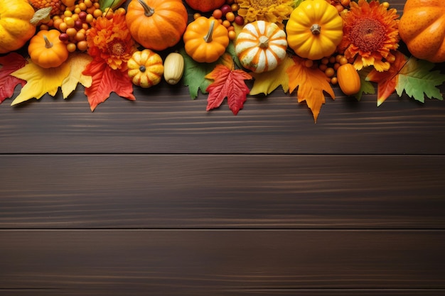 Decoración de fondo de otoño de hojas secas y calabaza sobre fondo de madera oscura