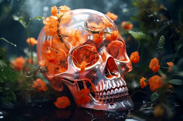 Decoración de fondo de vacaciones de Halloween arte humano concepto de símbolo espeluznante flor rosa cráneo hueso negro cabeza horror muerte rojo oscuro esqueleto muerto aterrador