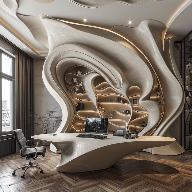 La decoración futurista moderna de oficina de estilo art nouveau mezcla elegancia atemporal con toque contemporáneo creando un espacio de trabajo elegante y sofisticado que fusiona tradición e innovación sin problemas