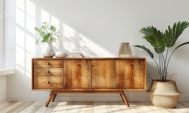 Decoración de gabinetes y accesorios de madera en el interior de la sala de estar sobre un fondo blanco vacío de la pared