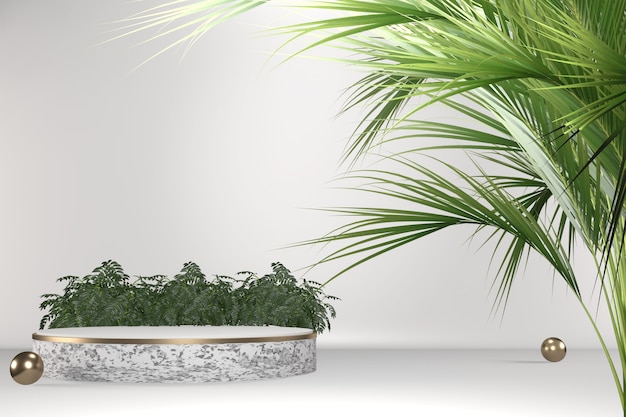 Decoración geométrica y de las plantas del podio blanco tropical en el fondo blanco .Representación 3D