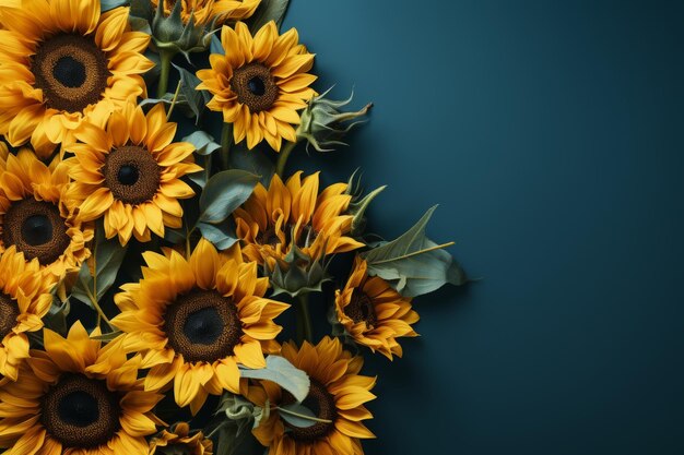 Decoración de girasoles para la celebración del Día de la Independencia de Ucrania sobre un fondo azul