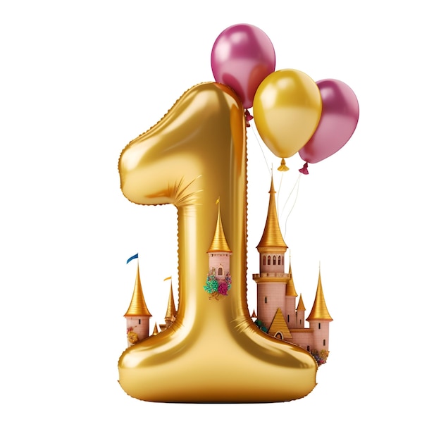 Foto decoración de globo de cumpleaños dorado número 1 con castillo renderizado en 3d