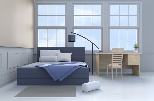 Decoración de la habitación con almohadas, manta azul, ventana, lámpara, escritorio, libro, cama azul, refuerzo, silla. 3