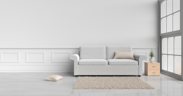 Decoración de la habitación blanca con sofá crema, almohadas, mesita de noche de madera, ventana, alfombra.