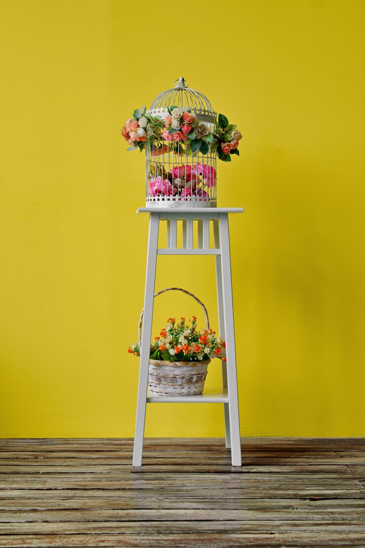 Foto decoración de la habitación con jaula y cesta con flores.