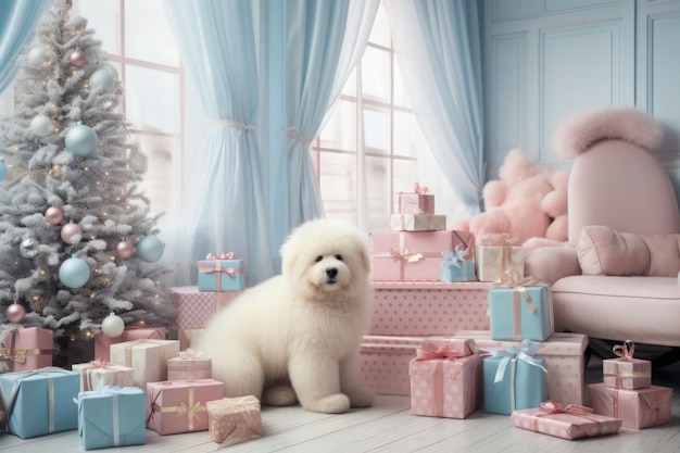 Decoración de la habitación de Navidad azul y rosa claro con perro tendido en el suelo árbol de Navidad con regalos y tren Ilustración generada por IA