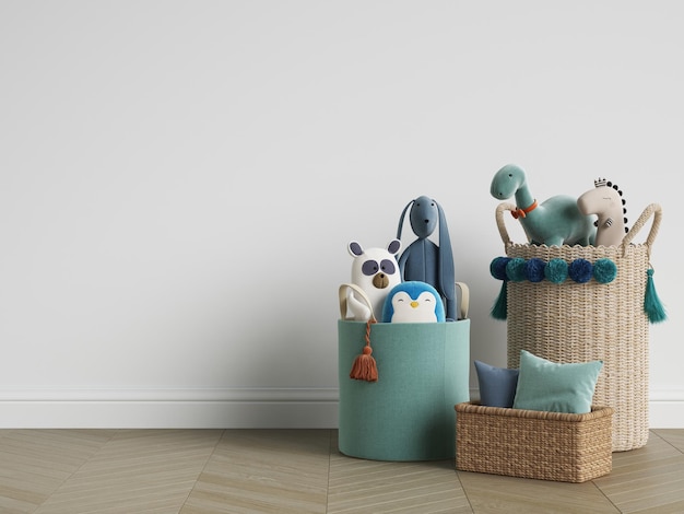 Foto decoración de la habitación de los niños cestas de mimbre con juguetes de peluche de pie en el suelo en una habitación vacía y luminosailustración digitalrepresentación 3d