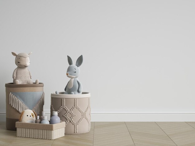 Foto decoración de la habitación de los niños cestas de mimbre con juguetes de peluche de pie en el suelo en una habitación vacía y luminosailustración digitalrepresentación 3d