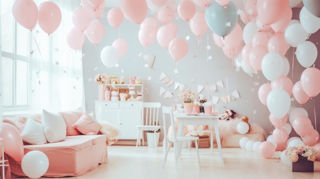 Decoración de la habitación de los niños para una fiesta de cumpleaños en colores rosa pastel y azul