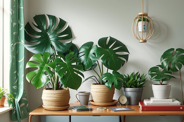 Decoración de la habitación con planta monstera en maceta.