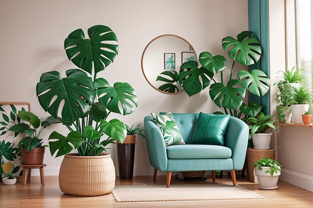 Decoración de la habitación con planta monstera en maceta.