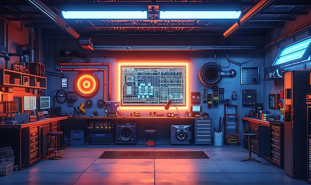 La decoración de la habitación redefinida abraza los vibrantes colores de neón y el diseño interior cyberpunk futurista