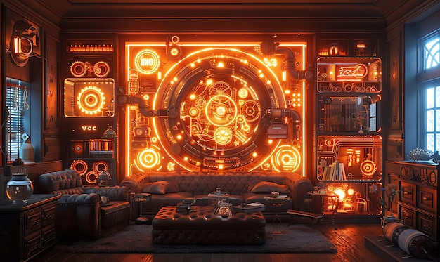 La decoración de la habitación redefinida abraza los vibrantes colores de neón y el diseño interior cyberpunk futurista