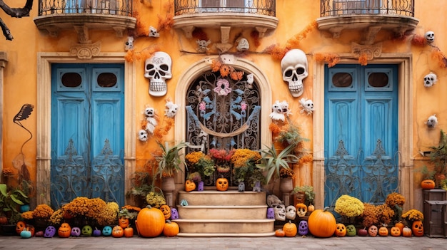 Decoración de Halloween con calabazas y calaveras en la fachada de la casa